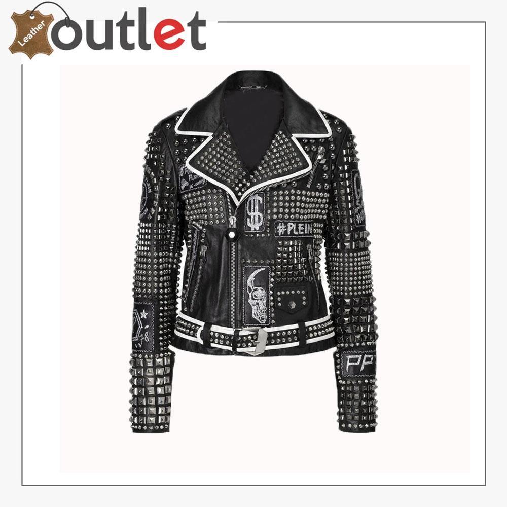 Handmade Women Philip Plein Black Fashion Studded Punk Style Leather Jacket