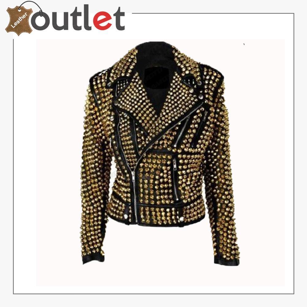 Handmade womens black leather jacket with golden studs on the shoulders