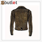 Handmade Women's Black Fashion Golden Studded Punk Style Leather Jacket