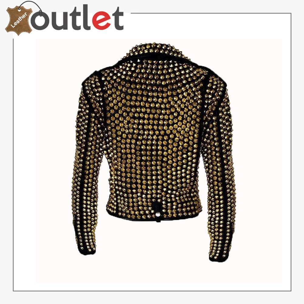 Handmade Women's Black Fashion Golden Studded Punk Style Leather Jacket