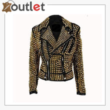 Load image into Gallery viewer, Handmade Women&#39;s Black Fashion Golden Studded Punk Style Leather Jacket
