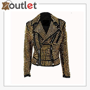 Handmade Women's Black Fashion Golden Studded Punk Style Leather Jacket