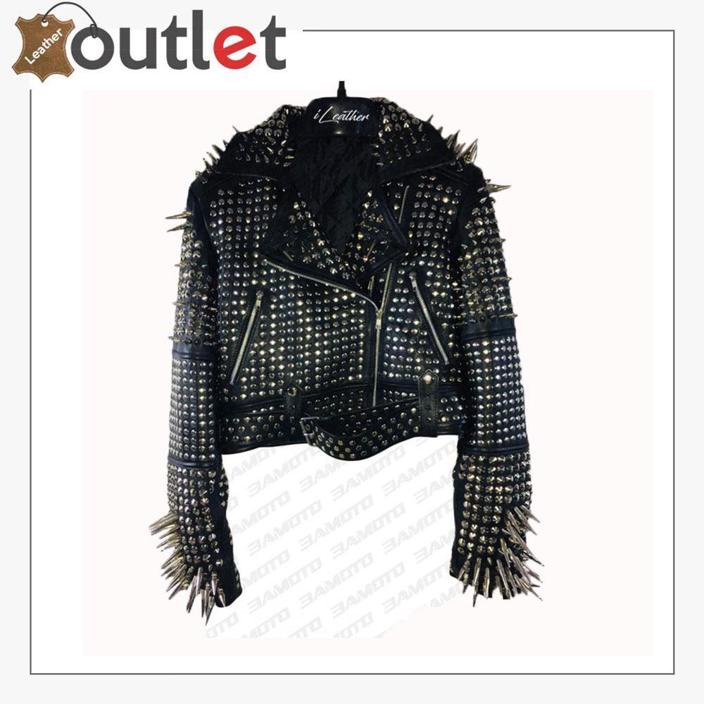 Handmade womens long studded punk leather jacket in black hide