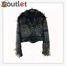 Load image into Gallery viewer, Handmade Women&#39;s Black Fashion Long Studded Punk Style Leather Jacket
