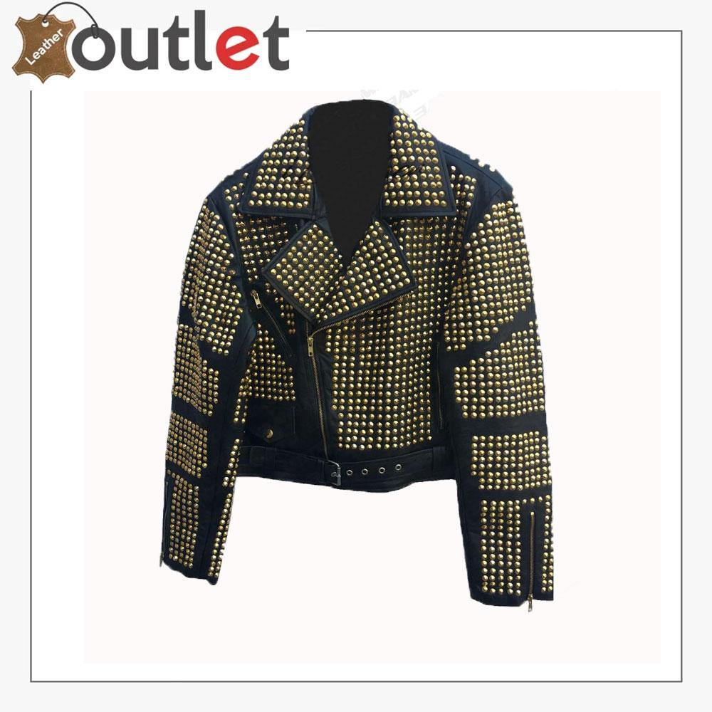 Handmade womens black leather jacket with golden studs