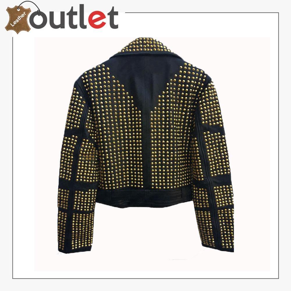 Handmade Womens Black Fashion Golden Studded Punk Style Leather Jacket