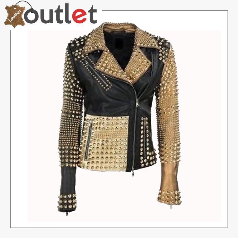 Handmade womens golden studded punk leather jacket in black hide
