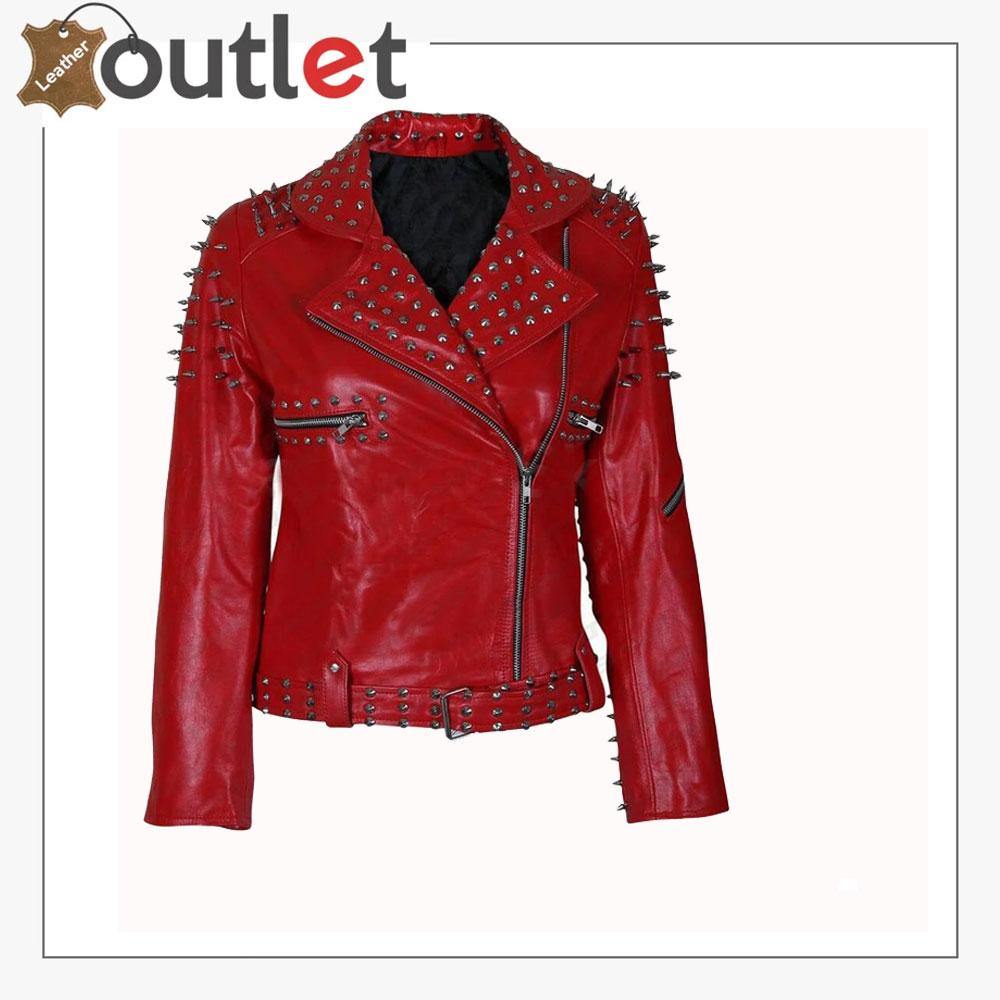 Handmade womens red studded punk leather jacket in real hide