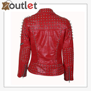 Handmade Womens Red Fashion Studded Punk Style Leather Jacket
