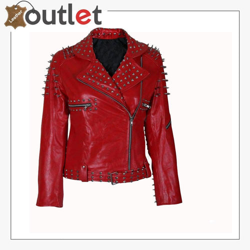 Handmade Womens Red Fashion Studded Punk Style Leather Jacket