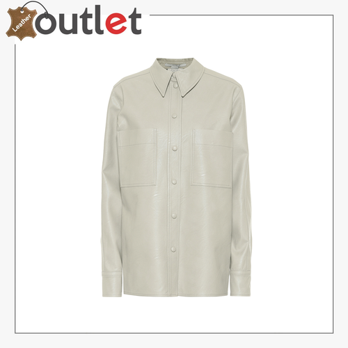 Blaine pleated faux leather shirt for women in black vegan PU