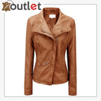 High Color Brown Leather Bomber Jacket For Women