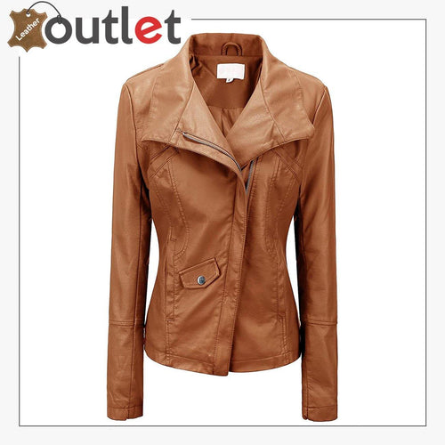 High Color Brown Leather Bomber Jacket For Women