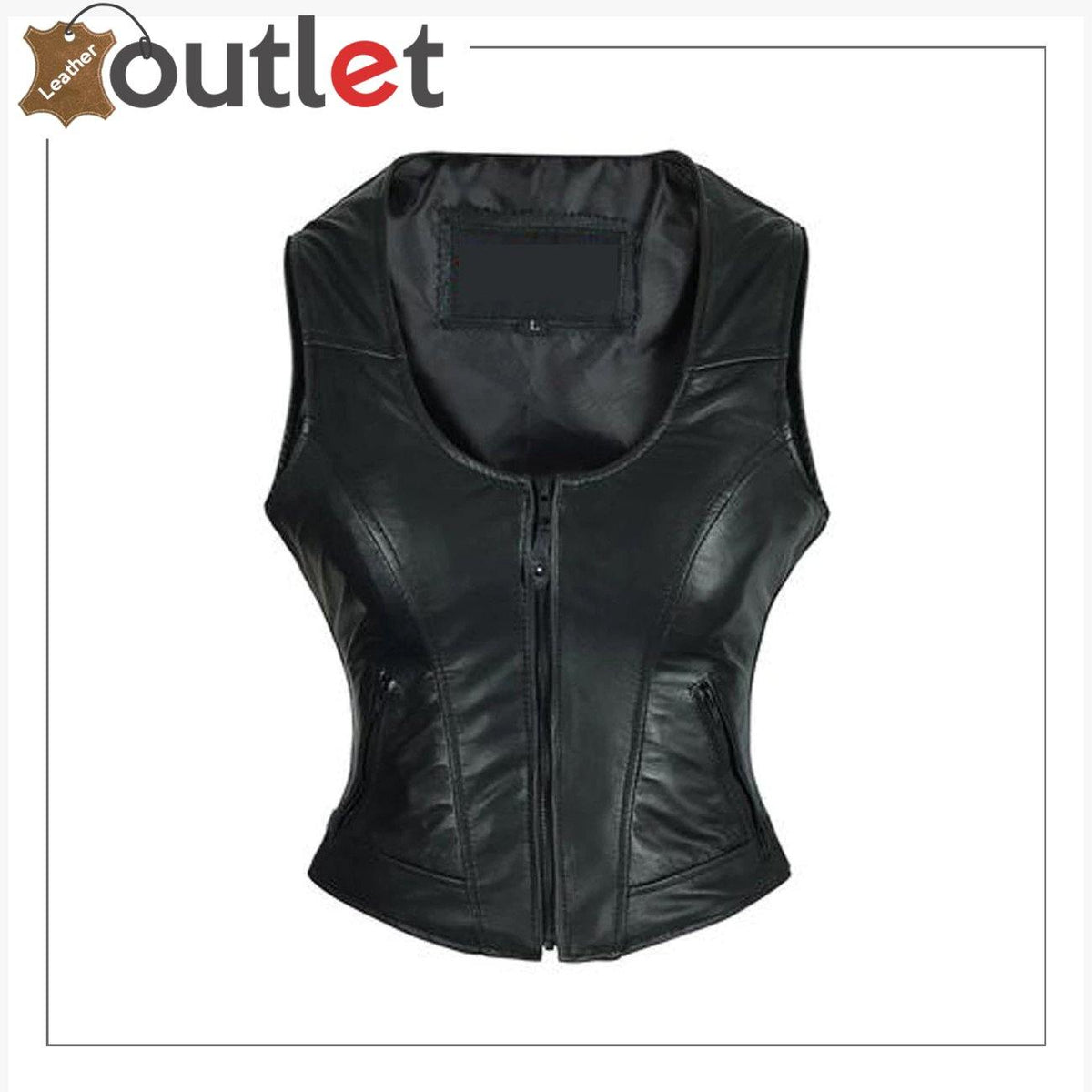 High Mileage womens black cowhide leather vest with zip pockets, front view