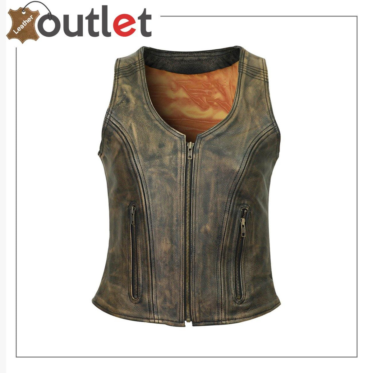 Womens distressed brown biker leather vest with zip front, front view