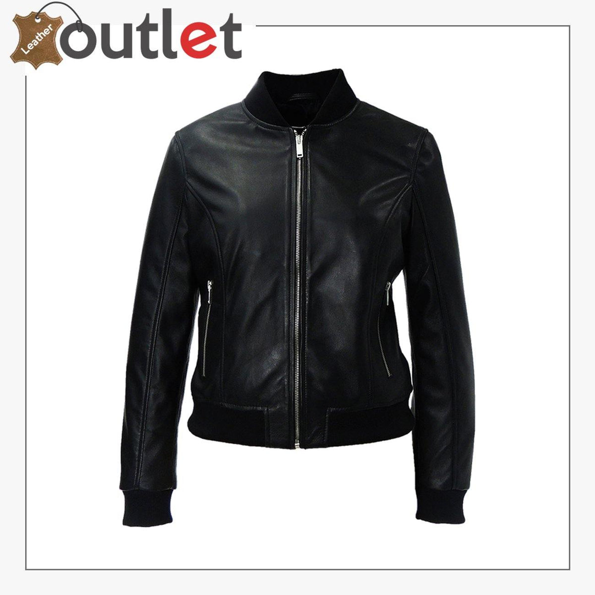 High quality plain black leather bomber jacket for women, front view