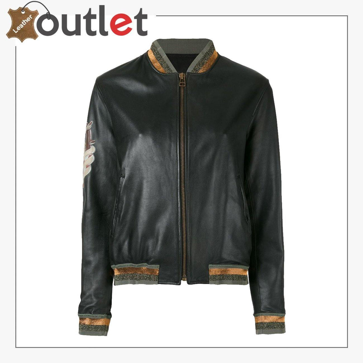 Mens black real leather bomber jacket with ribbed collar, front view