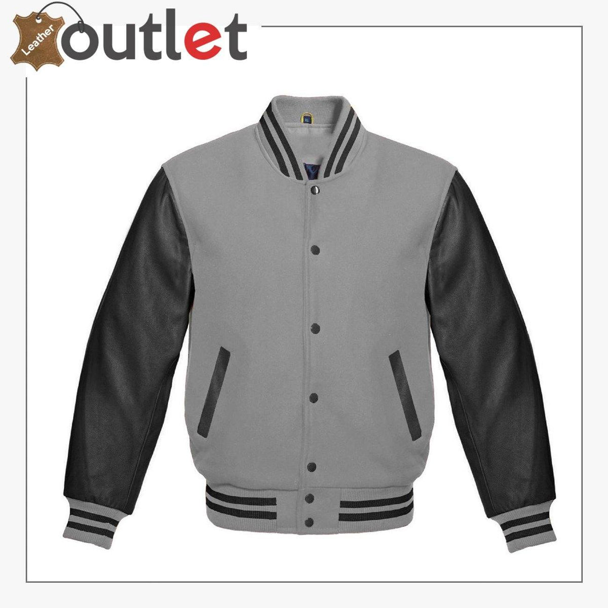Mens genuine leather varsity jacket with ribbed trims, front view