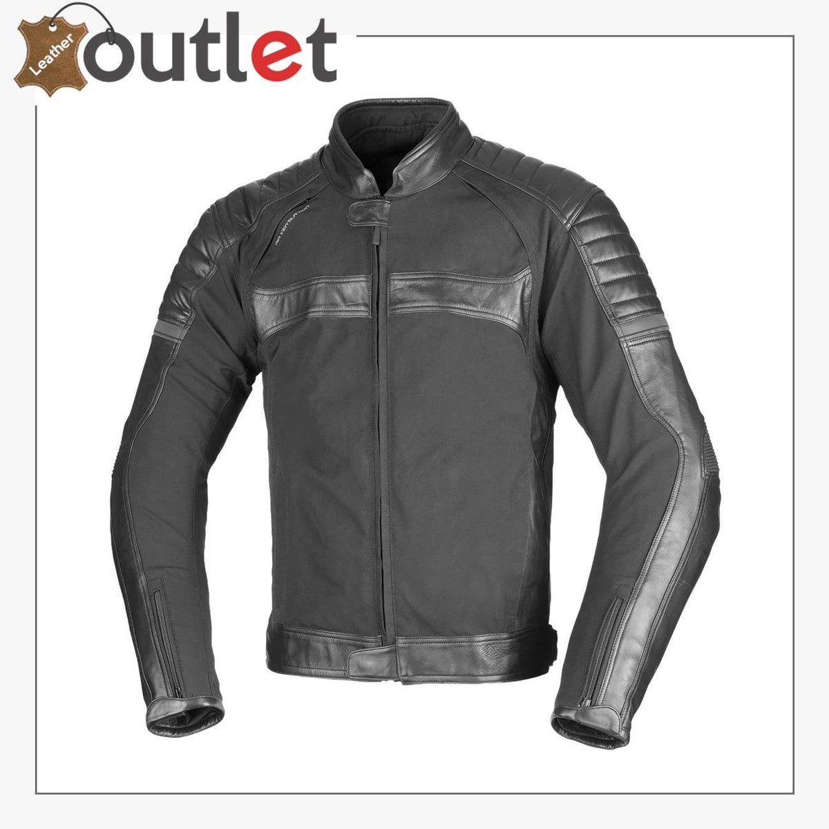Black textile and leather motorcycle jacket with mesh air vents, front view
