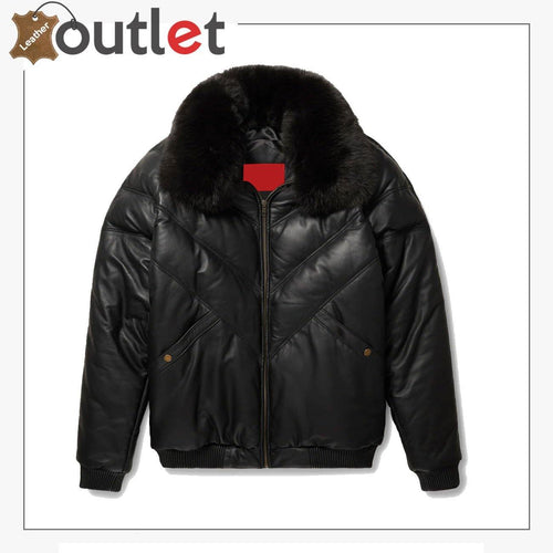 High Quality V-Bomber Black Leather Black Fox Fur