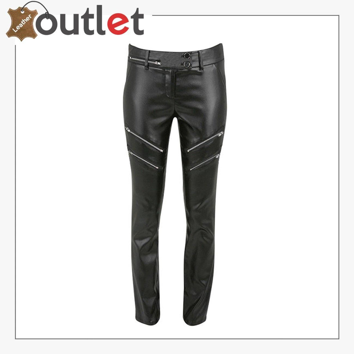 Womens black leather biker jeans with five pocket cut, front view