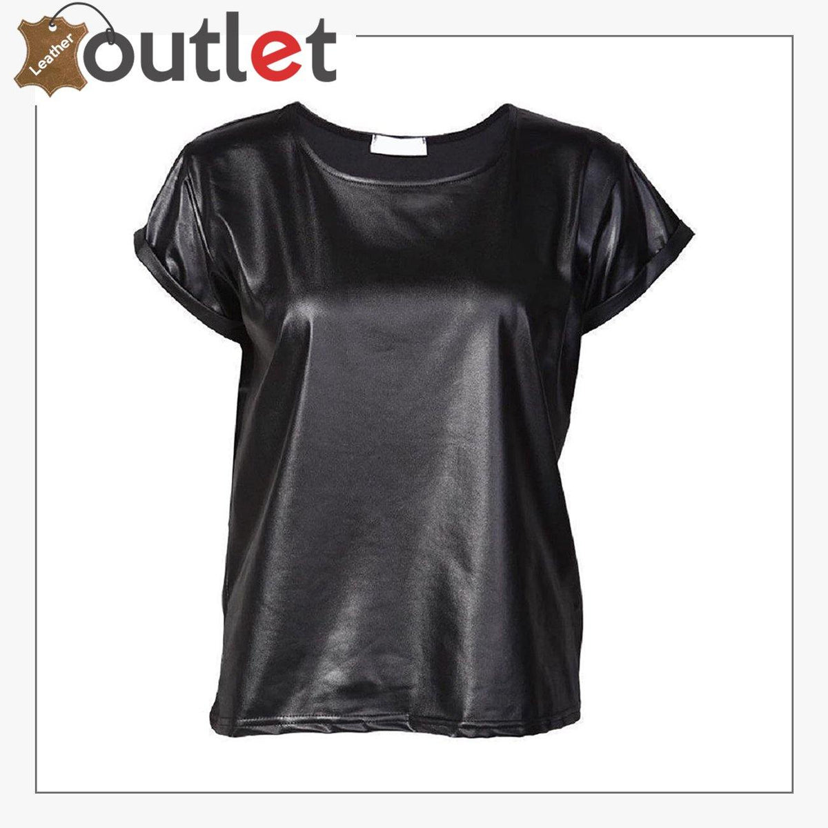 Ladies black wet look leather style sleeveless t-shirt vest top, front view