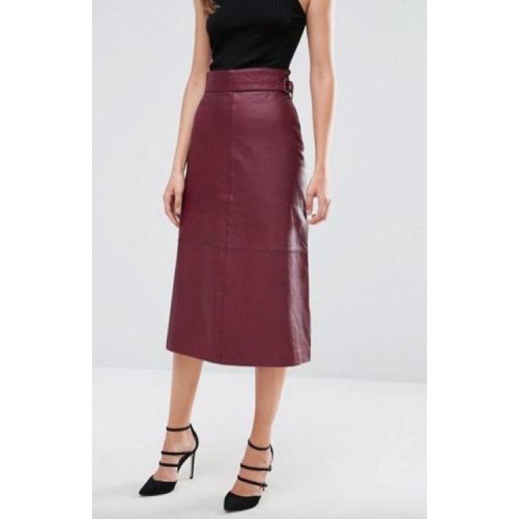 Ladies burgundy leather straight midi skirt in real hide