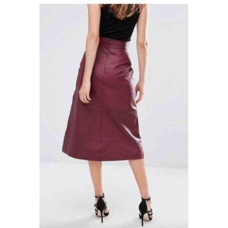 Maroon leather midi skirt sale