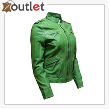 Load image into Gallery viewer, Ladies Classic Apple Green Nappa Leather Multi Pocket Fitted Rock Biker Jacket - Leather Outlet
