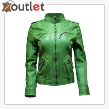 Load image into Gallery viewer, Ladies Classic Apple Green Nappa Leather Multi Pocket Fitted Rock Biker Jacket - Leather Outlet
