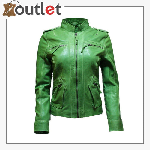 Ladies Classic Apple Green Nappa Leather Multi Pocket Fitted Rock Biker Jacket - Leather Outlet