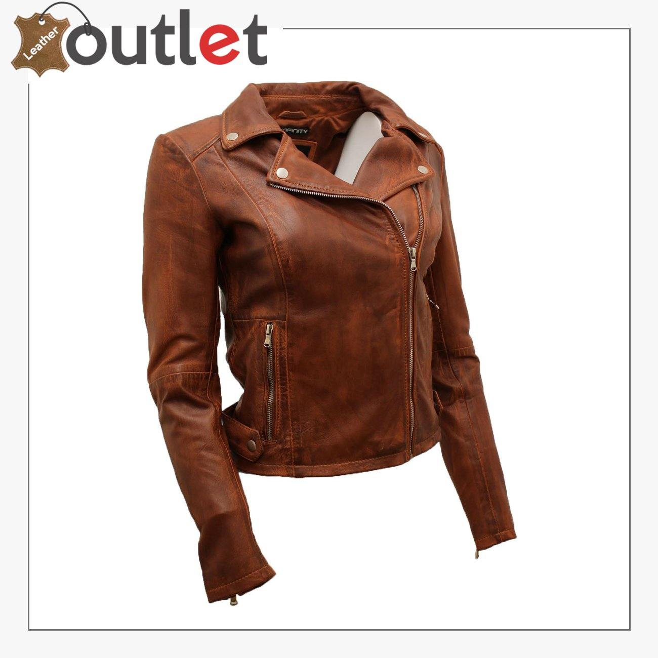 Ladies Coniac Tan Vintage Brando 100% Leather Biker Jacket - Leather Outlet