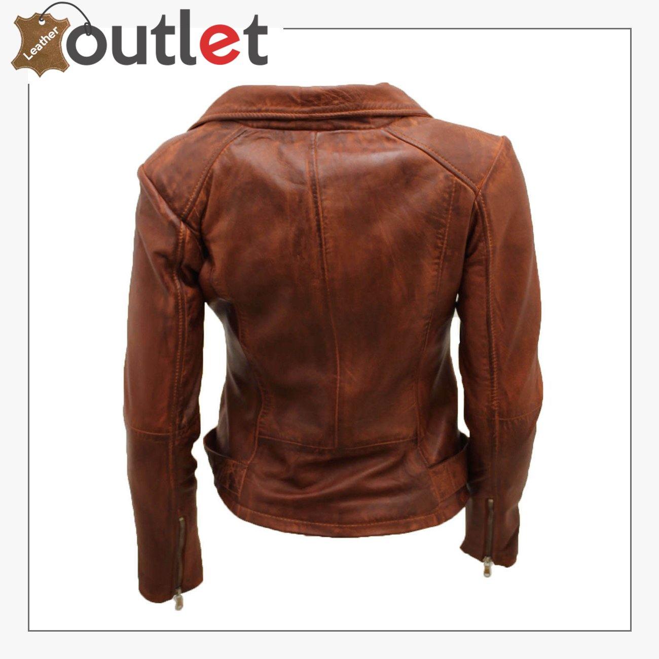 Ladies Coniac Tan Vintage Brando 100% Leather Biker Jacket - Leather Outlet