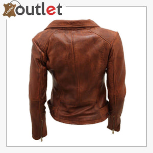 Ladies Coniac Tan Vintage Brando 100% Leather Biker Jacket - Leather Outlet