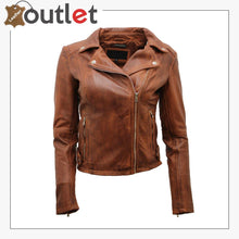 Load image into Gallery viewer, Ladies Coniac Tan Vintage Brando 100% Leather Biker Jacket - Leather Outlet
