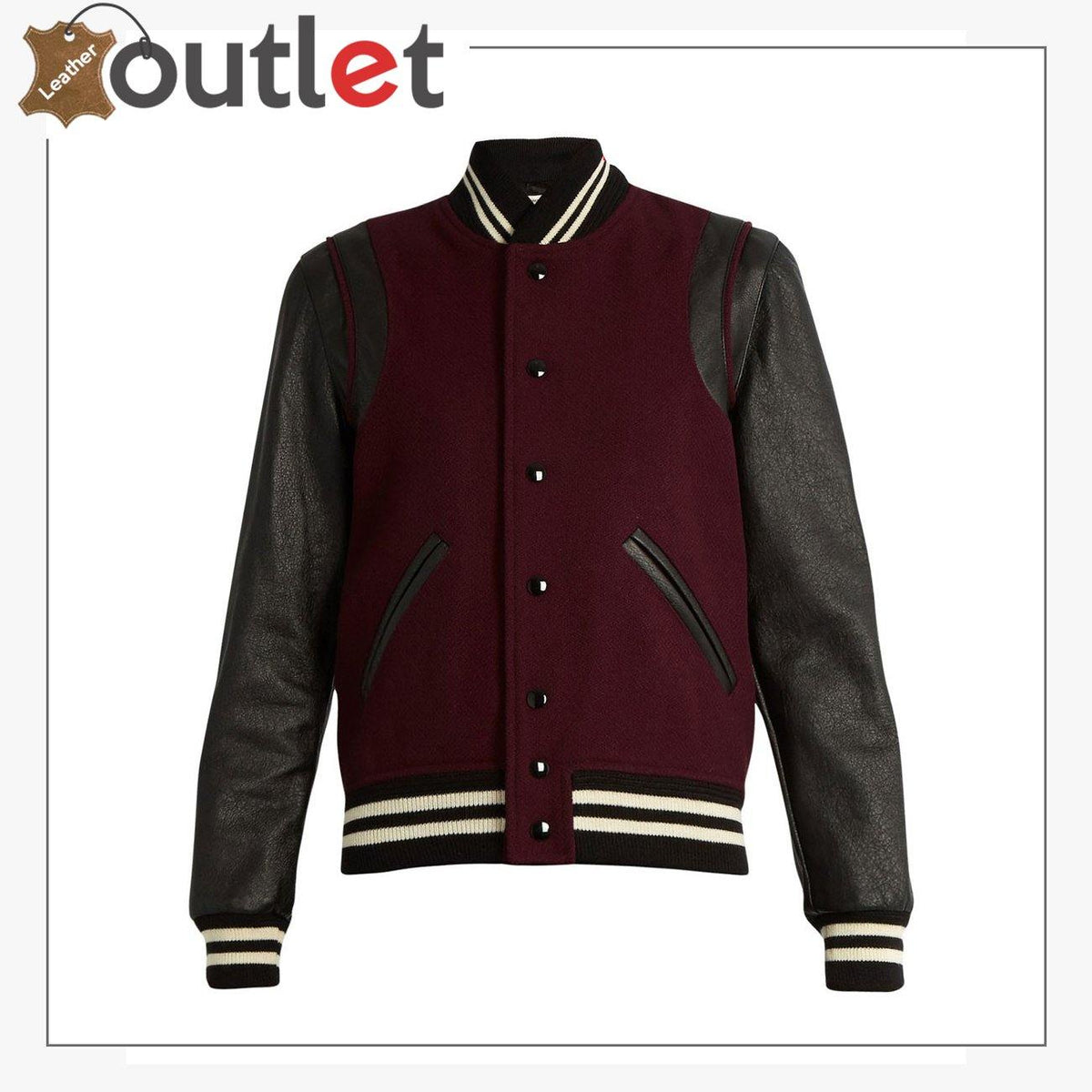 Ladies maroon teddy varsity jacket with leather sleeves, front view