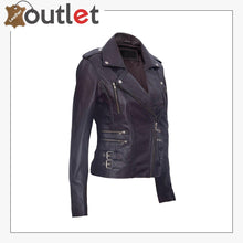 Load image into Gallery viewer, Ladies Purple Real 100% Lamb Nappa Leather Biker Jacket - Leather Outlet
