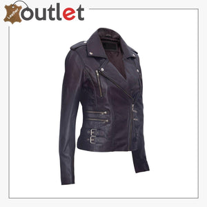 Ladies Purple Real 100% Lamb Nappa Leather Biker Jacket - Leather Outlet