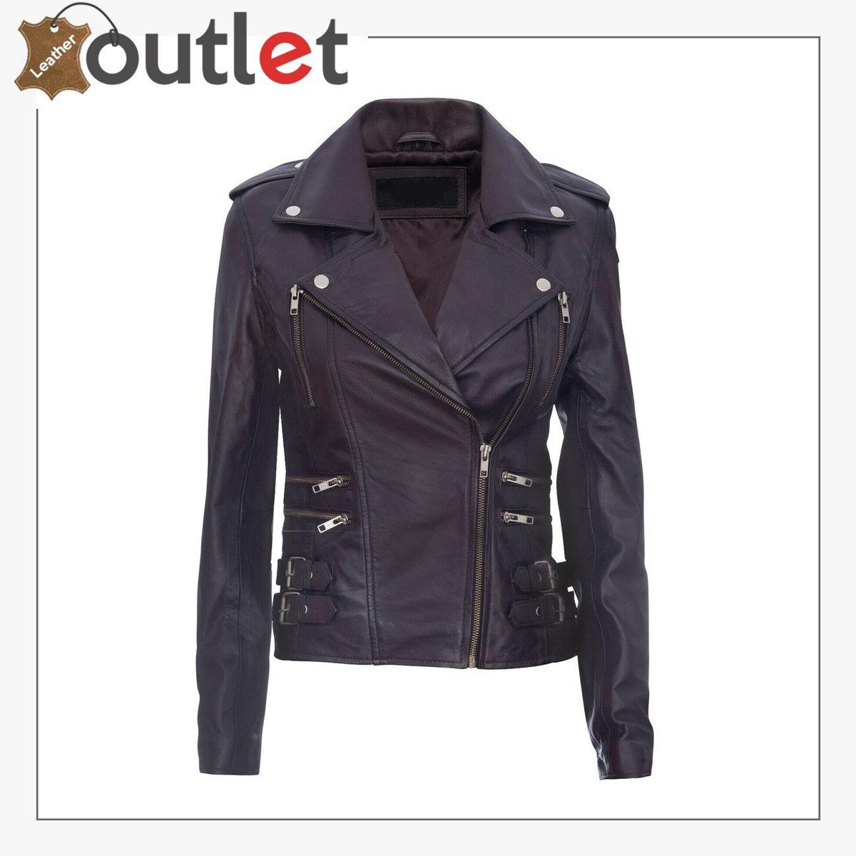 Ladies purple lamb nappa leather biker jacket, front view with asymmetric zip