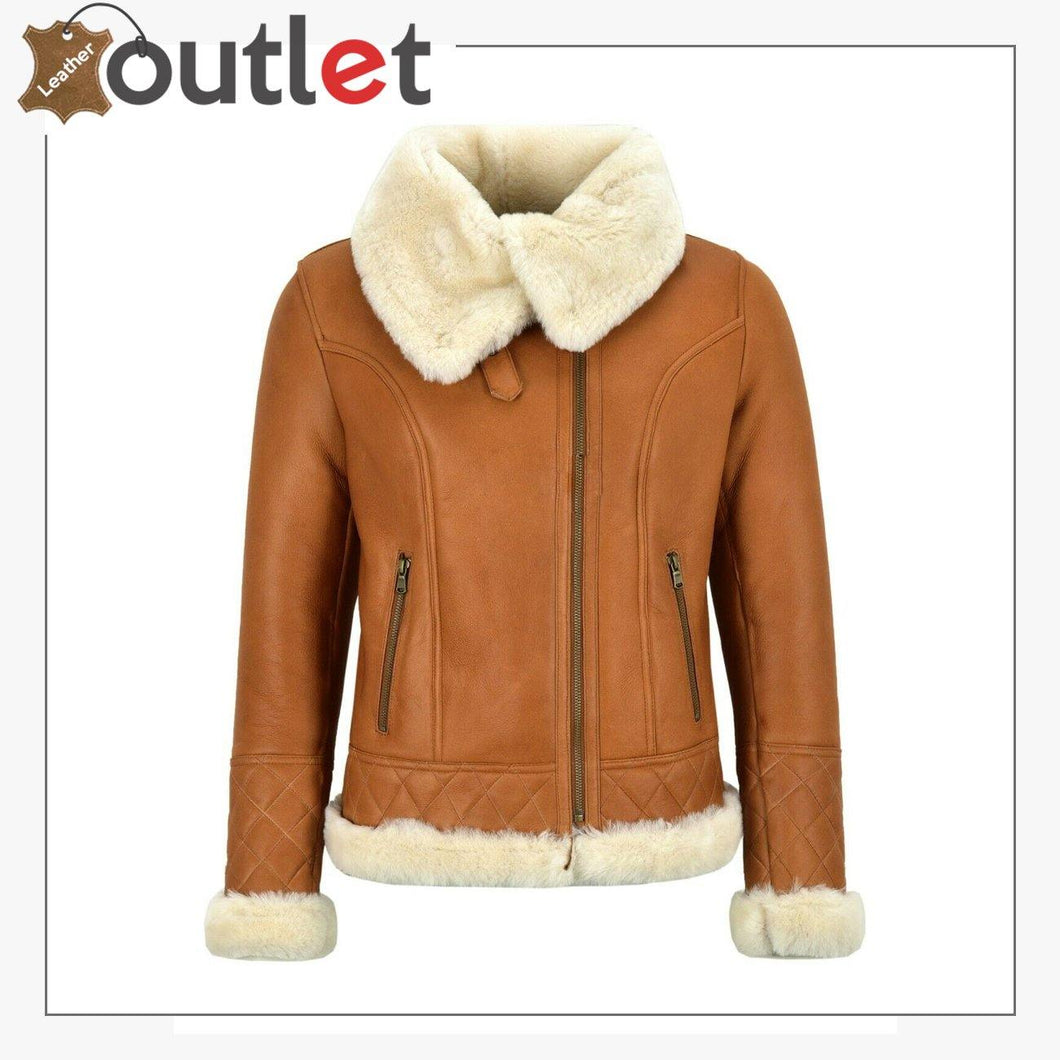 Ladies Sheepskin Jacket White Shearling Asymmetric Real Fur Bomber Jacket - Leather Outlet