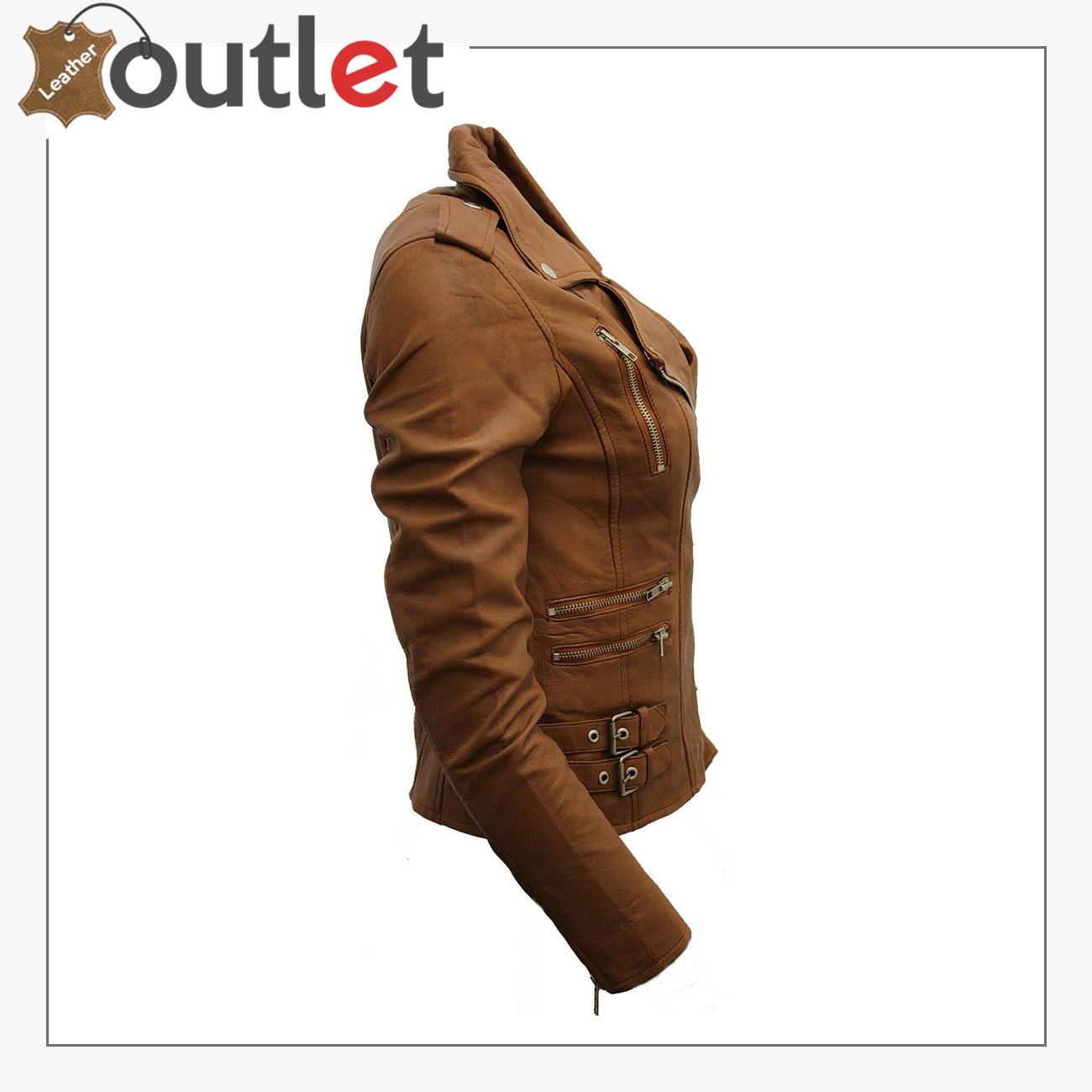 Ladies Tan Real 100% Lamb Nappa Leather Biker Jacket - Leather Outlet