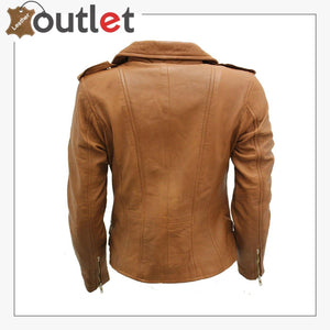 Ladies Tan Real 100% Lamb Nappa Leather Biker Jacket - Leather Outlet