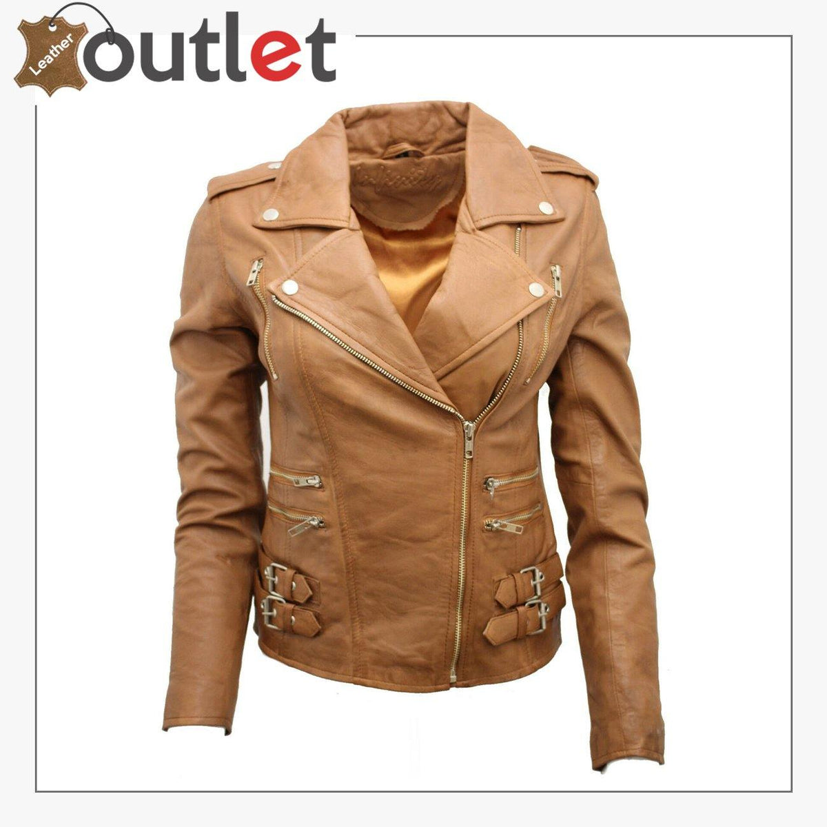 Ladies tan lamb nappa leather biker jacket, front view with asymmetric zip