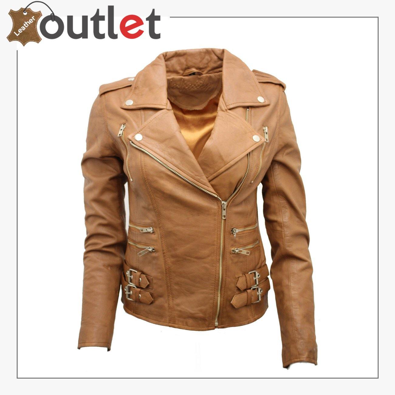 Ladies Tan Real 100% Lamb Nappa Leather Biker Jacket - Leather Outlet