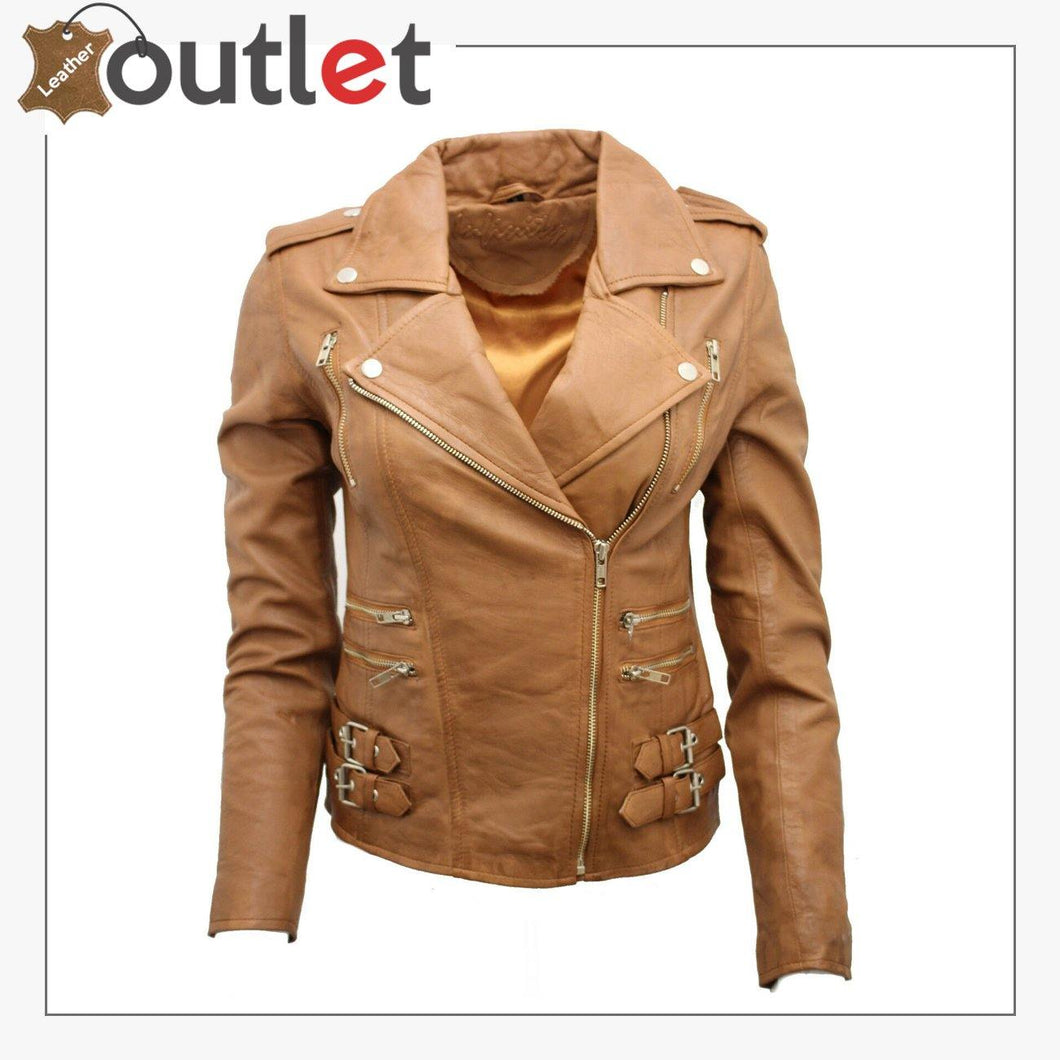 Ladies Tan Real 100% Lamb Nappa Leather Biker Jacket - Leather Outlet