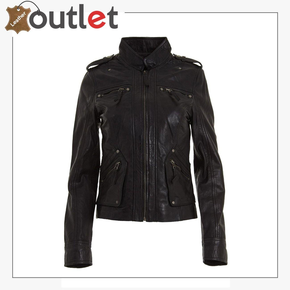 Womens classic black soft nappa leather fitted jacket, front view