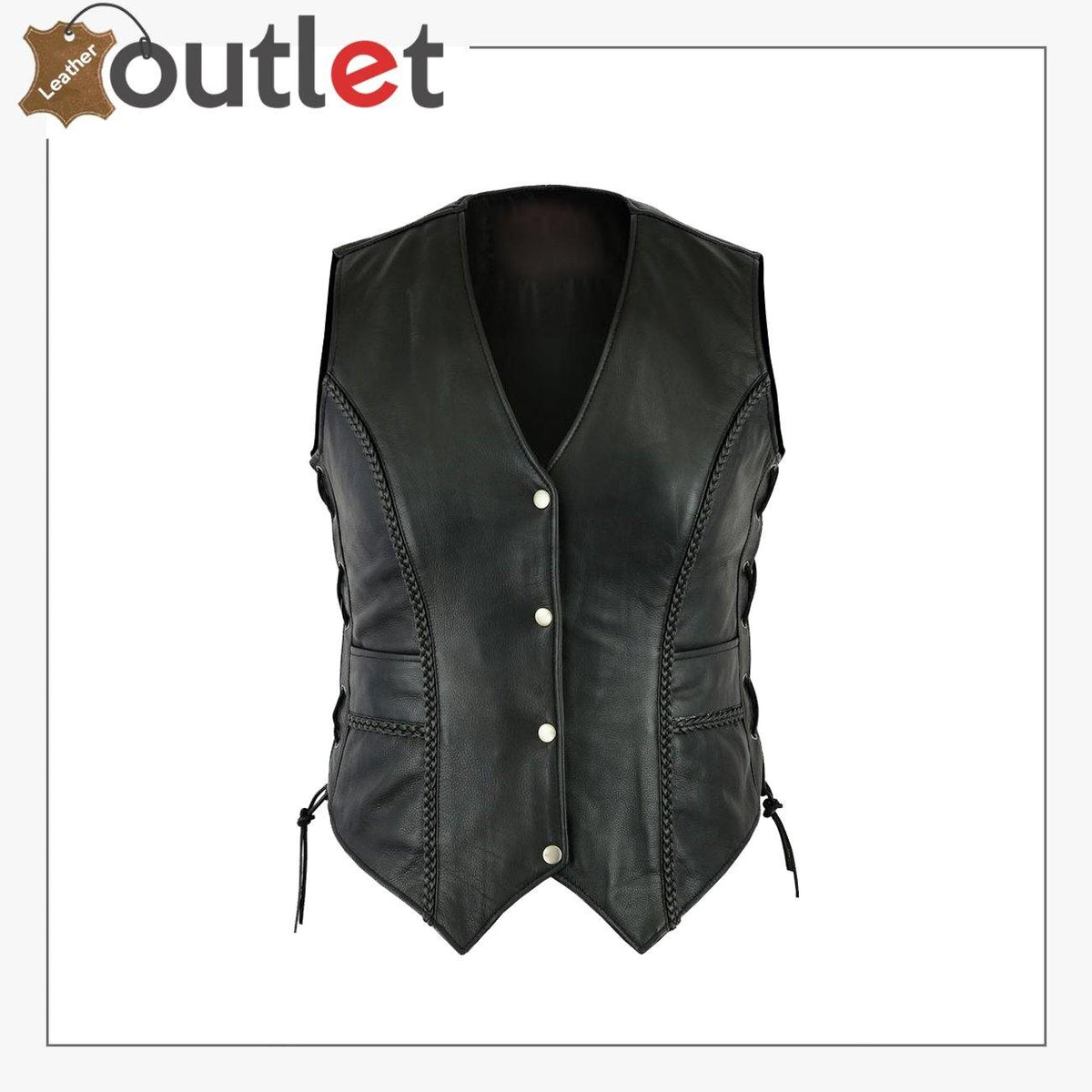 Ladies black real leather laced up biker waistcoat, front view