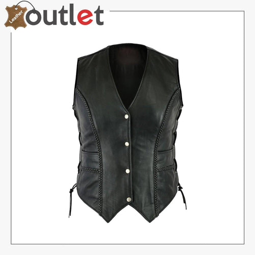 Ladies real leather laced up Motorcycle Style Biker Waistcoat Women's Gillette vest
