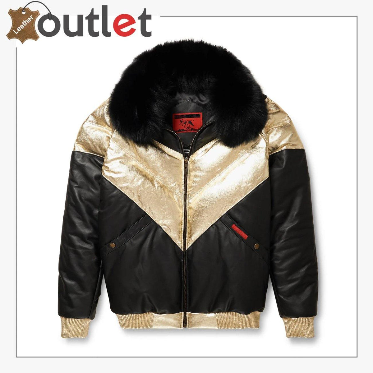 Lamb skin leather V-bomber jacket for men in black, front view