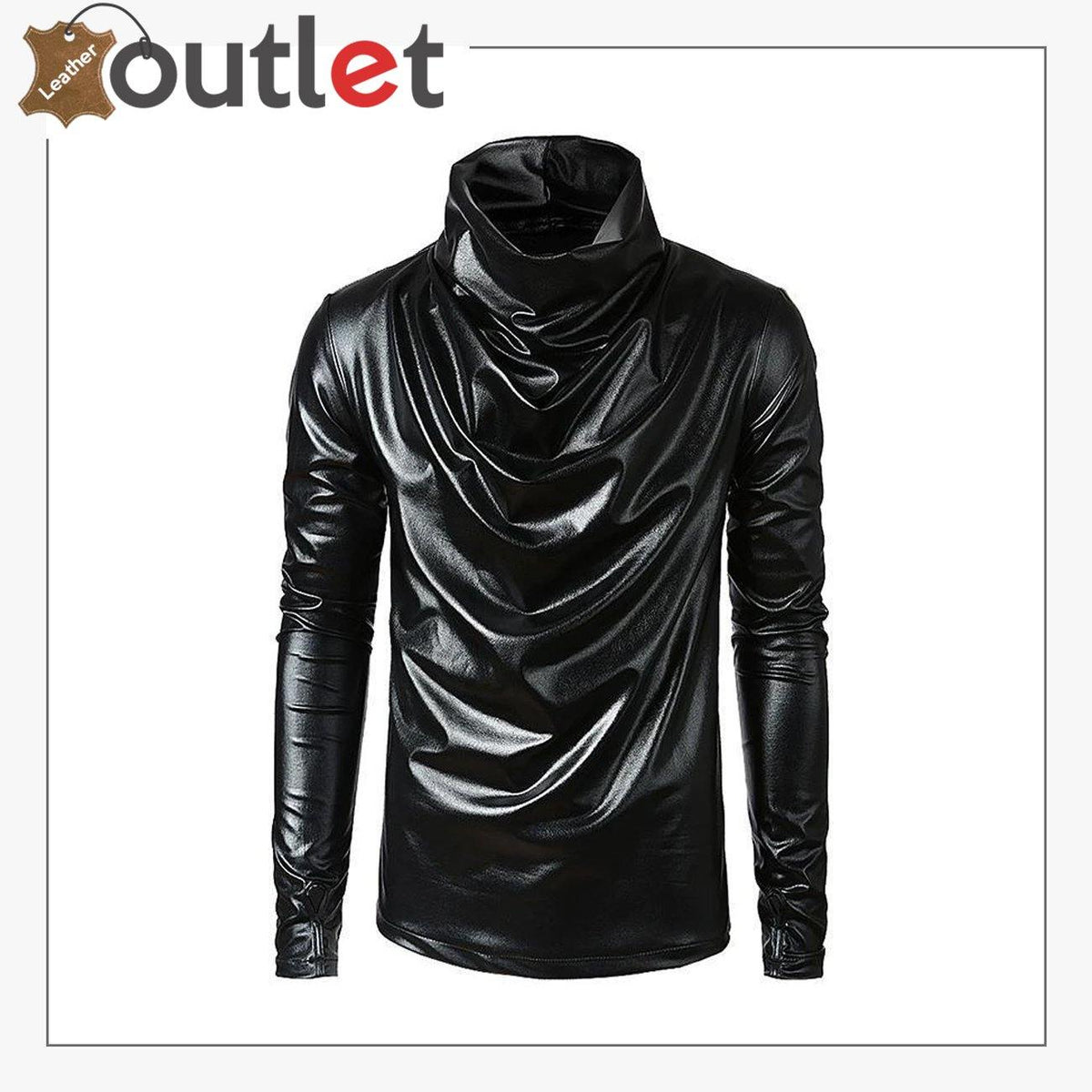 Men's modern slim fit black leather shirt with low collar stand, front view